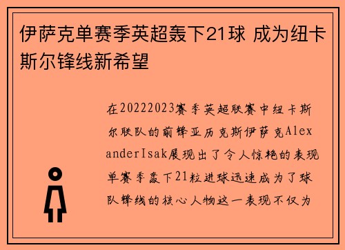 伊萨克单赛季英超轰下21球 成为纽卡斯尔锋线新希望 伊萨克单赛季英超轰下21球 成为纽卡斯尔锋线新希望
